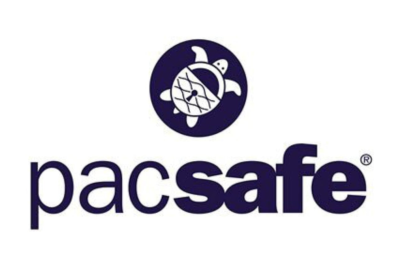 words pacsafe and logo of turtle with at lock as a shell