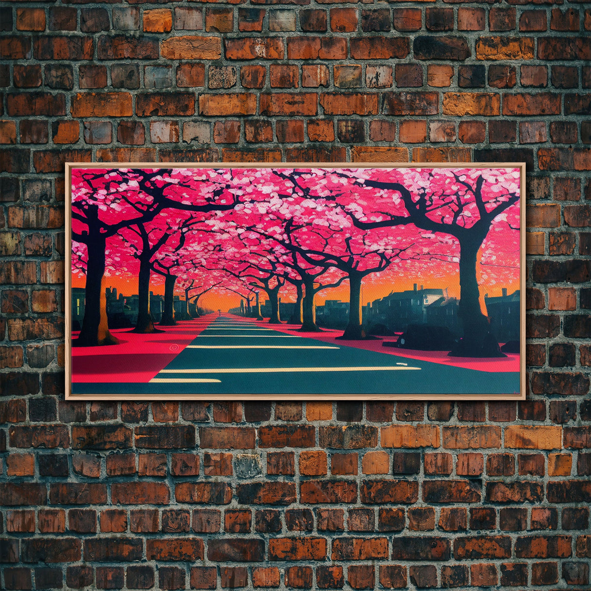 Street lined with Cherry Blossoms, Cherry Blossom Tree Art, Framed Canvas Print, Ready To Hang Wall Art, Framed Wall Art