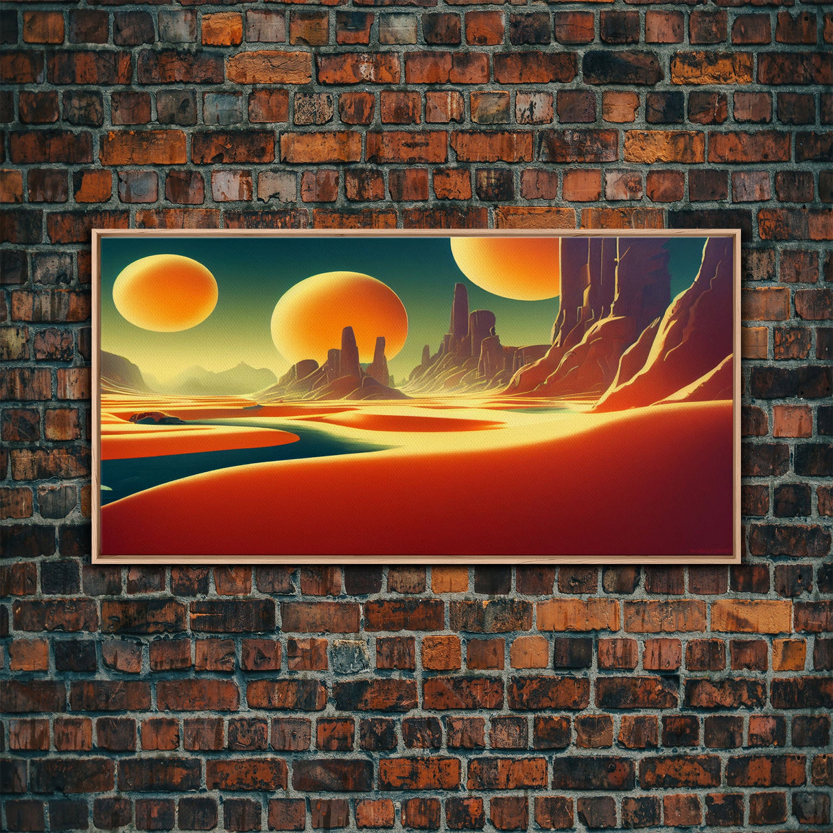 Trippy Art Deco Scifi Painting of an Alien World, Wall Decor, Ready To Hang Framed Canvas Print, Oversize Wall Art