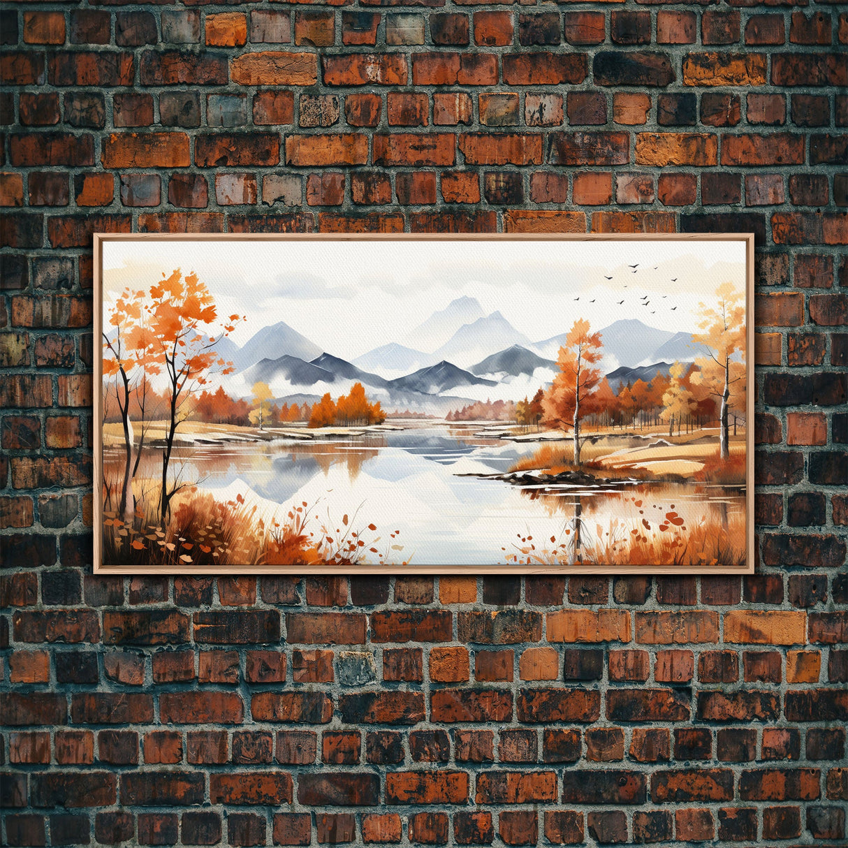 Panoramic Gold Brown Mountain Valley Watercolor Art Print On Canvas, Misty Rolling Hills Landscape Painting, Extra Large Wall Art