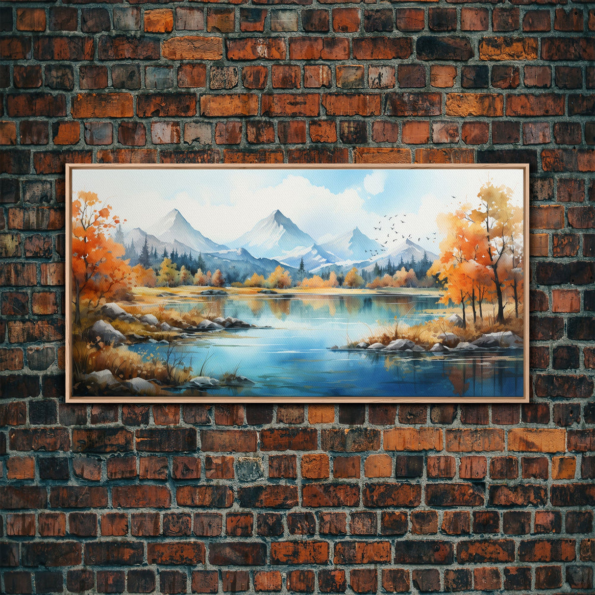 Panoramic Gold Brown Mountain Valley Watercolor Art Print On Canvas, Misty Rolling Hills Landscape Painting, Extra Large Wall Art