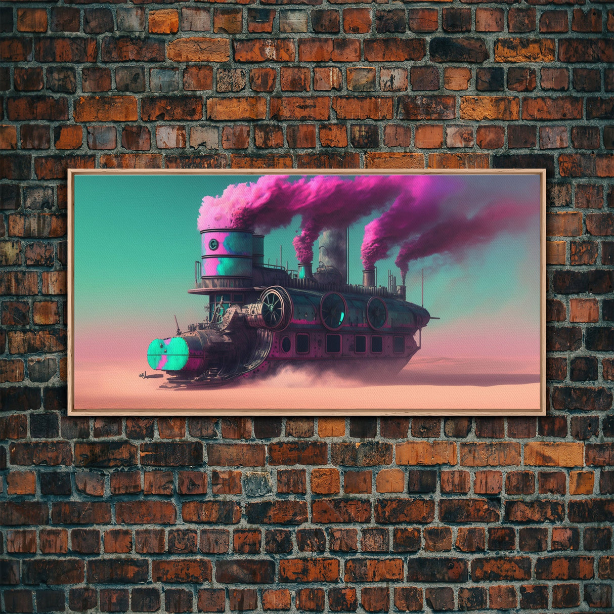 Futuristic Steampunk / Cyberpunk Mashup Art, Steampunk Riverboat In A Desert, Framed Canvas Print, Scifi Wildwest Decor