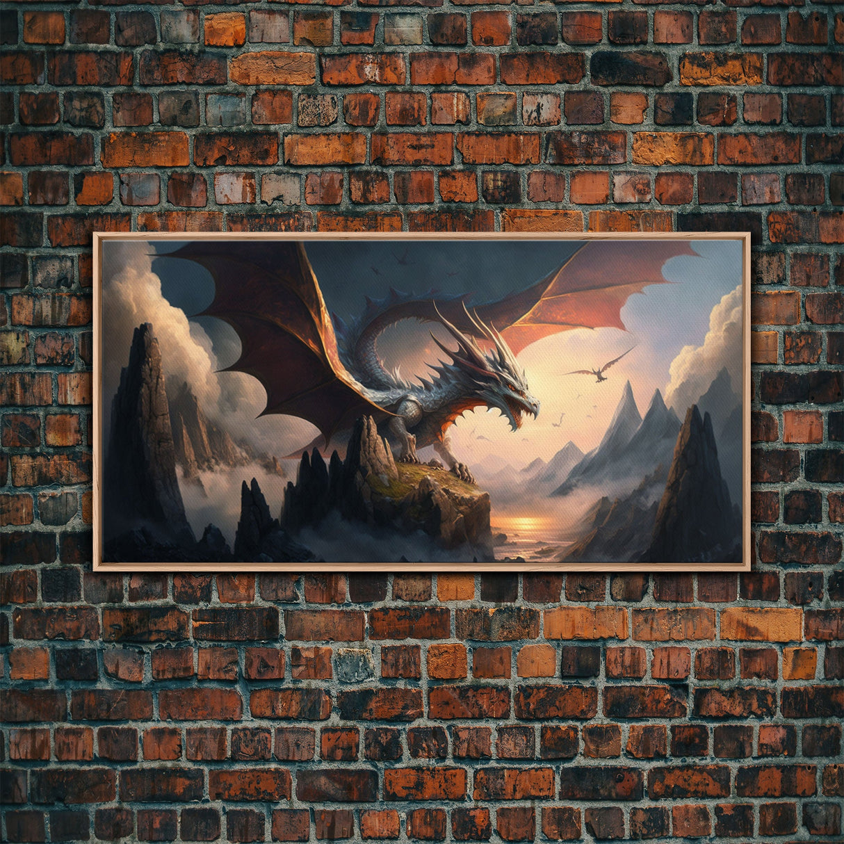 White Dragon on a Mountain Top, Fantasy Art, Framed Canvas Print, Medieval Fantasy Art, Fire breathing dragons