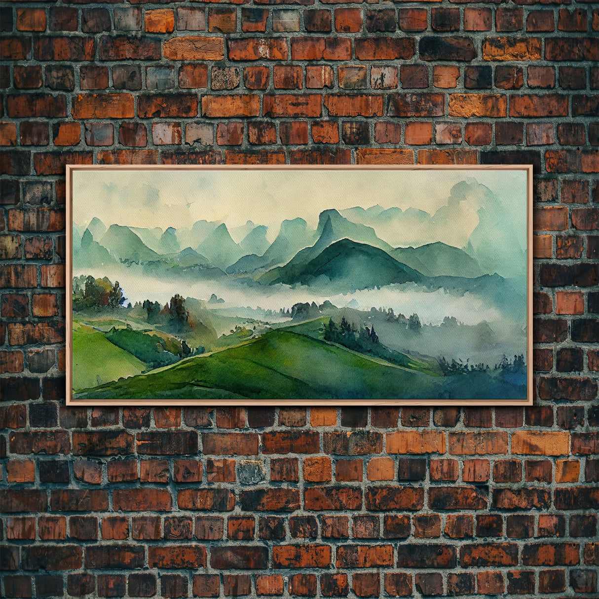 Green Blue Foggy Mountain Valley Watercolor Canvas Art Print, Panoramic Misty Rolling Hills Landscape, Extra Large Panorama Print