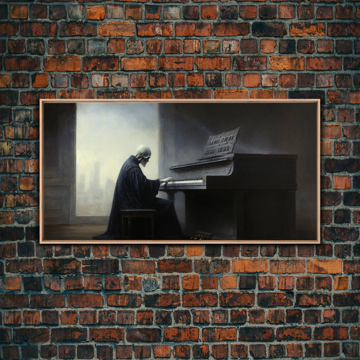Grim Reaper Playing The Piano, Framed Canvas Print, Cool Halloween Decor, Wild West Themed Halloween Art