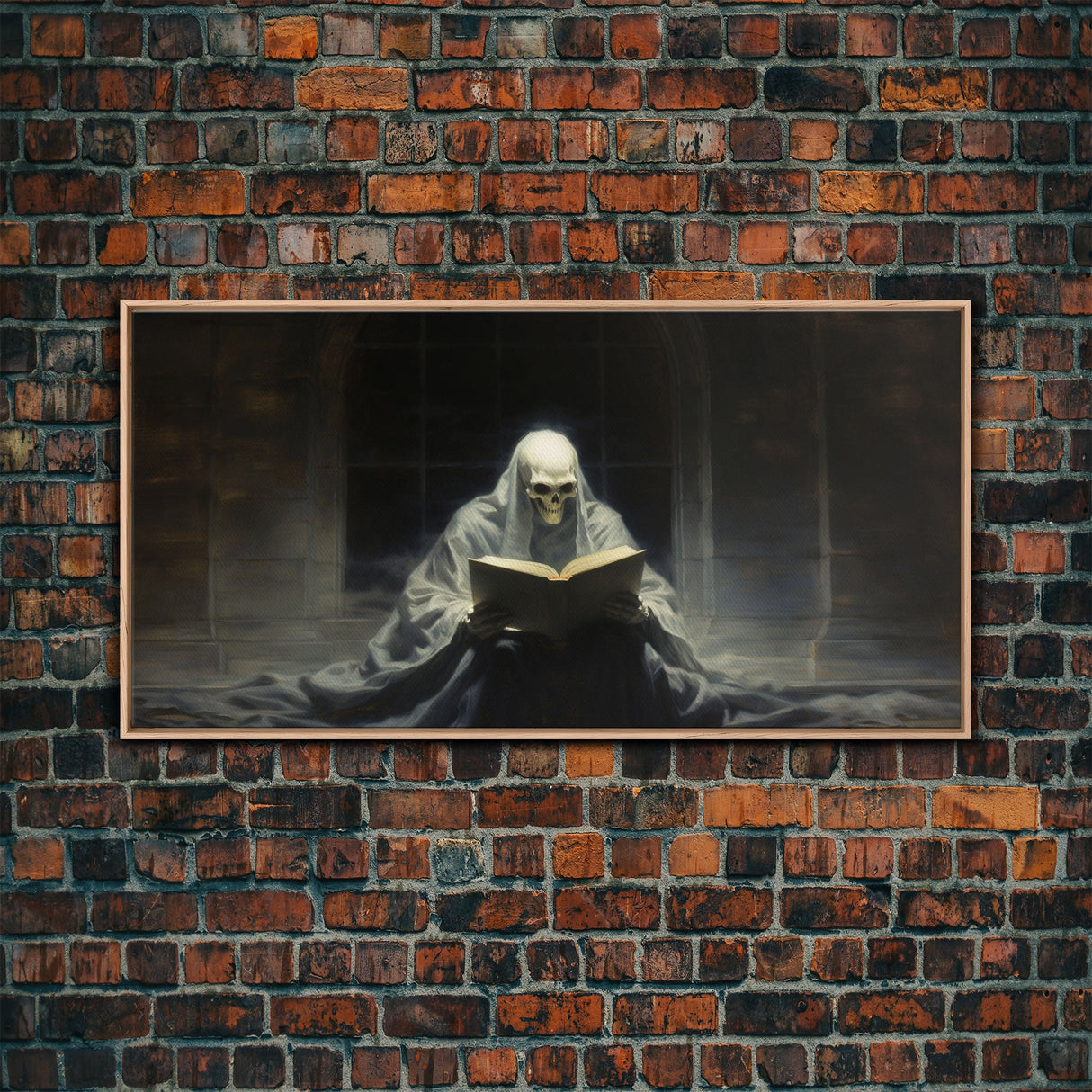 Grim Reaper Reading A Book In A Haunted Library, Framed Canvas Print, Victorian Oil Painting Style, Spooky Halloween Decor, Goth Art