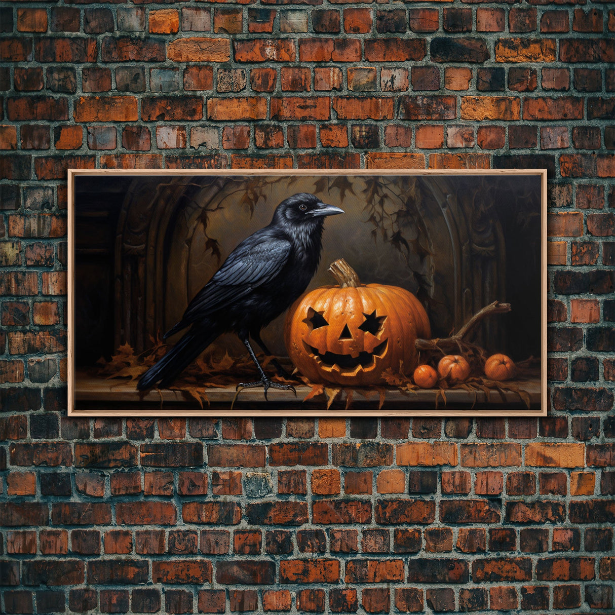 Spooky Crow Print, The Raven and The Jack O Lantern, Halloween Wall Art, Victorian Oil Painting, Dark Academia, Goth Art
