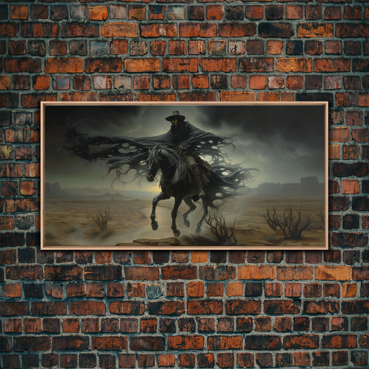 Ghost Cowboy Art, Framed Canvas Print, Halloween art, spooky decor, cowboy art, western decor, grim reaper on a horse in the desert