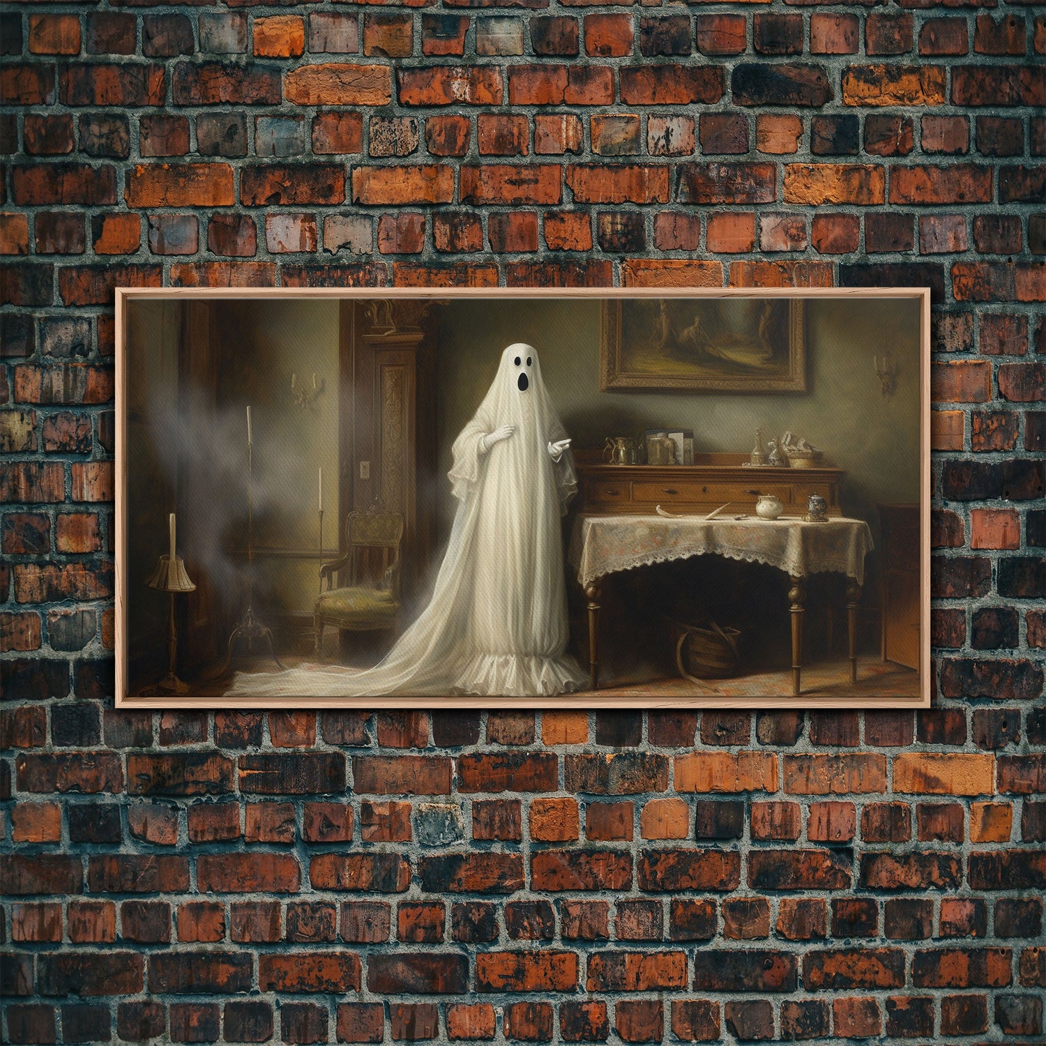 Sheet Ghost Wall Art, Framed Canvas Print, halloween decor, Halloween wall art,  ghost print, dark academia, victorian oil painting
