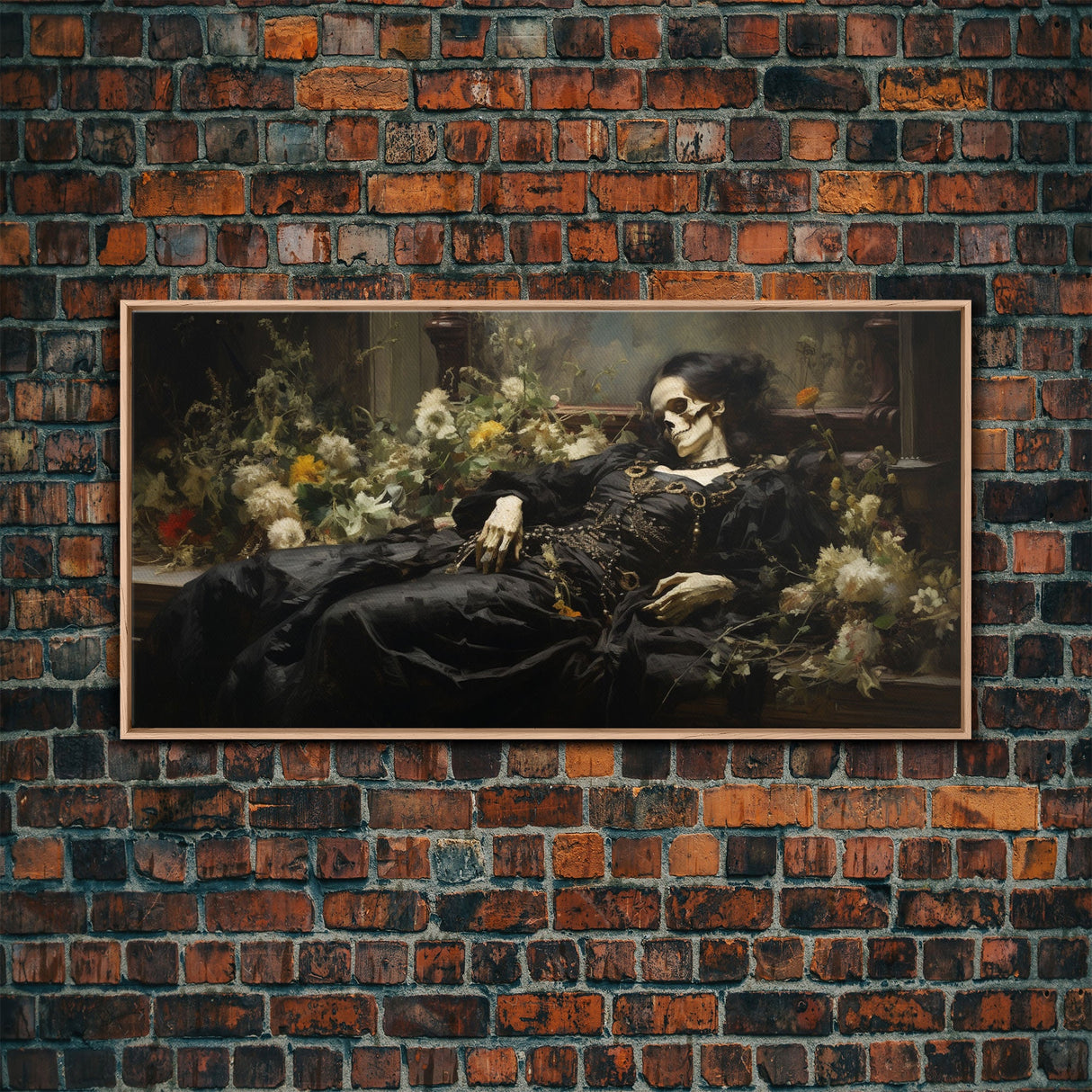 I'll Just Take A Quick Nap, Framed Canvas Print, Creepy Victorian Oil Painting, Halloween Art Prints, Skeleton Painting