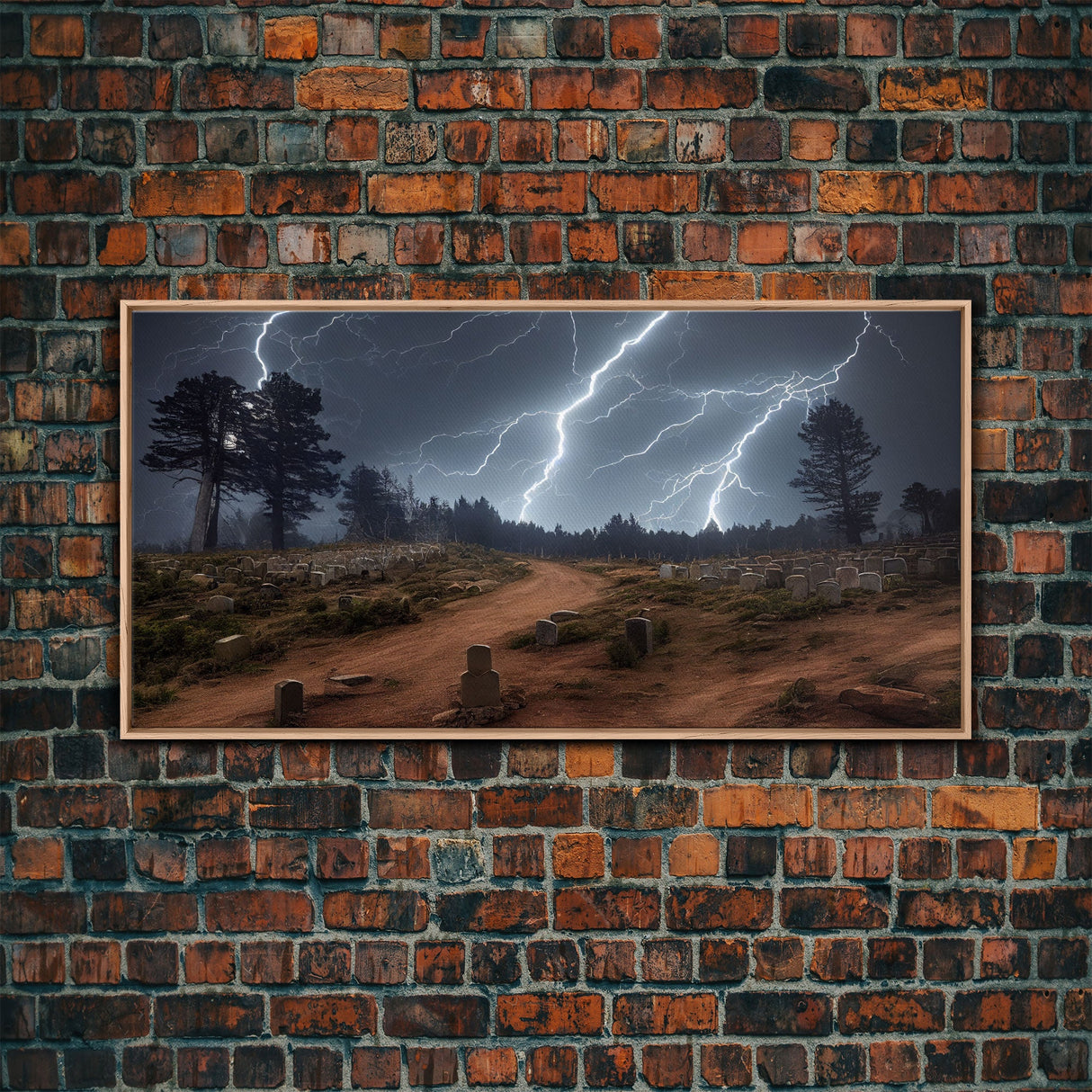 Gloomy Haunted Graveyard At Night, Lightning Storm, Halloween Cemetery Art, ready to hang canvas print wall art