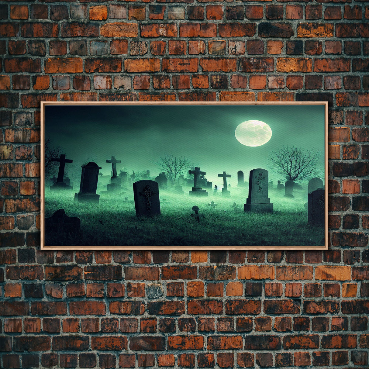Full Moon Over A Haunted Cemetery At Night, Spooky Creepy Graveyard, ready to hang canvas print wall art, Halloween Art