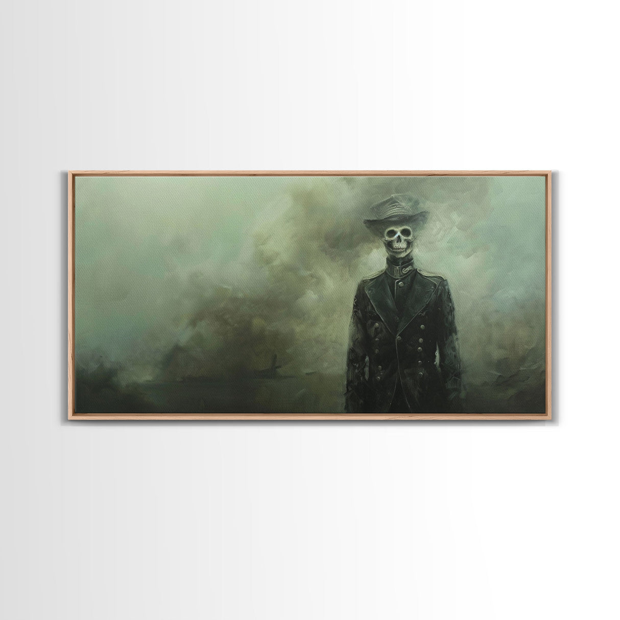 Dapper Skeleton In The Fog, Framed Canvas Print, Halloween Decor, Macabre Dark Academia Wall Art