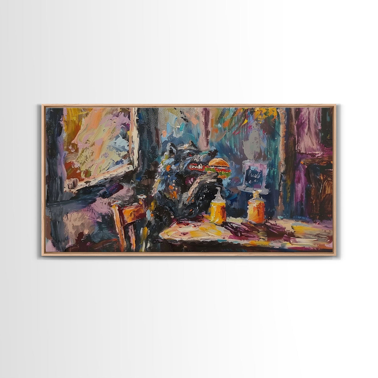 Funny Werewolf Having a Cheeseburger in a diner, framed canvas print, halloween decor