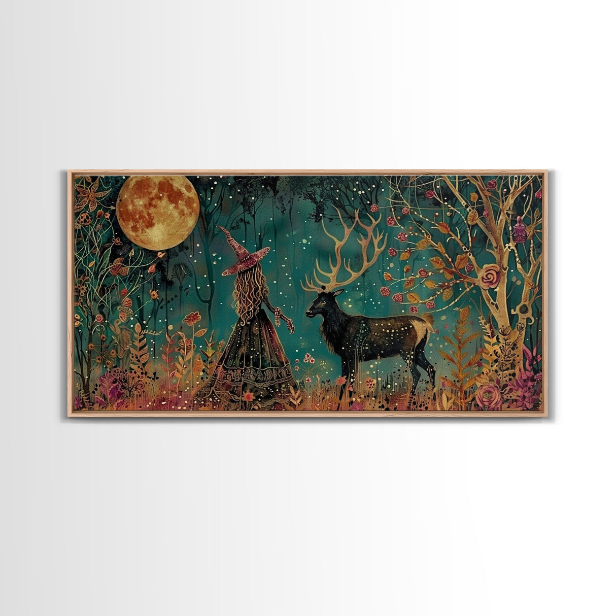 Victorian Witch and her Elk Familiar | Framed Canvas Print | Dark Academia Wall Art | Victorian Style Halloween Art