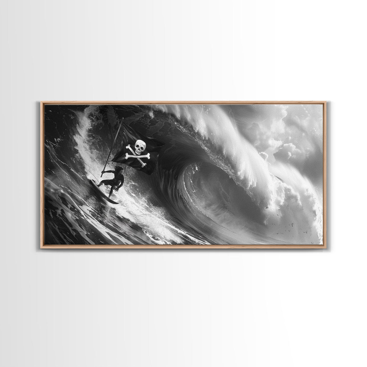 Pirate Surf - Framed Canvas Print - Black & White Photography Style Wall Art - Skull and Cross Bones Wall Art - Manly Decor - Mancave