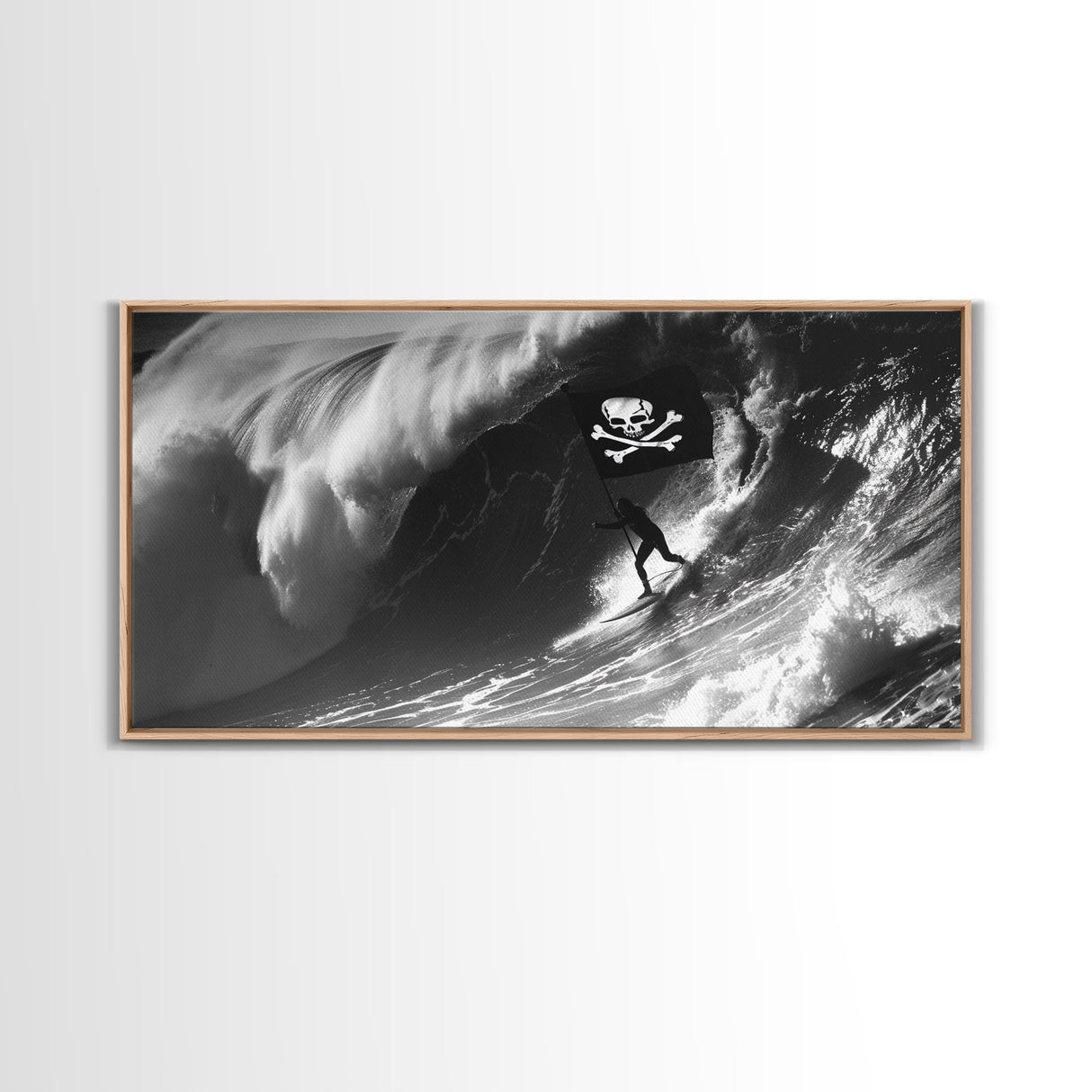 Pirate Surf - Framed Canvas Print - Black & White Photography Style Wall Art - Skull and Cross Bones Wall Art - Manly Decor - Mancave