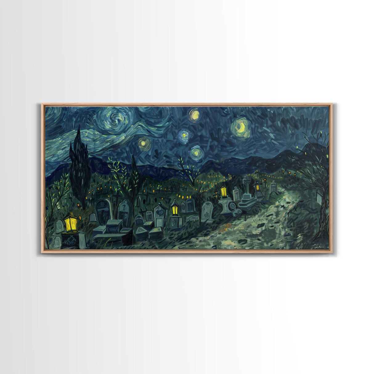 Starry Night Inspired Haunted Cemetery, Framed Canvas Print, Spooky Season Gift Idea, Halloween Decor, Halloween Prop