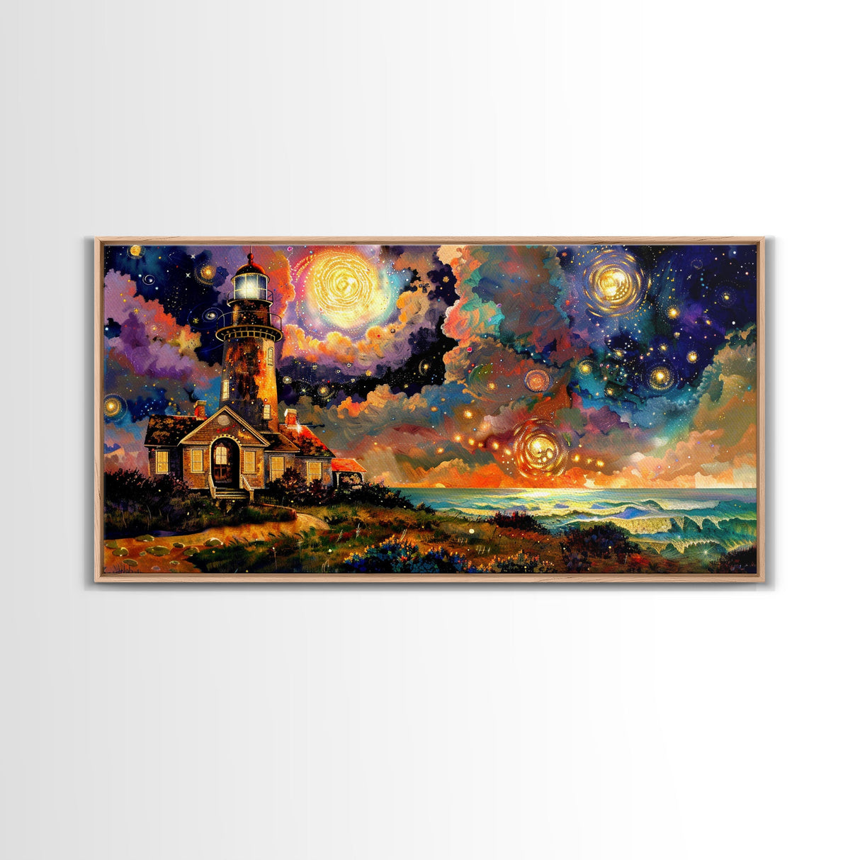 The Light House, Abstract Art, Framed Canvas Print, Original Midcentury Style Lighthouse Painting Wall Decor