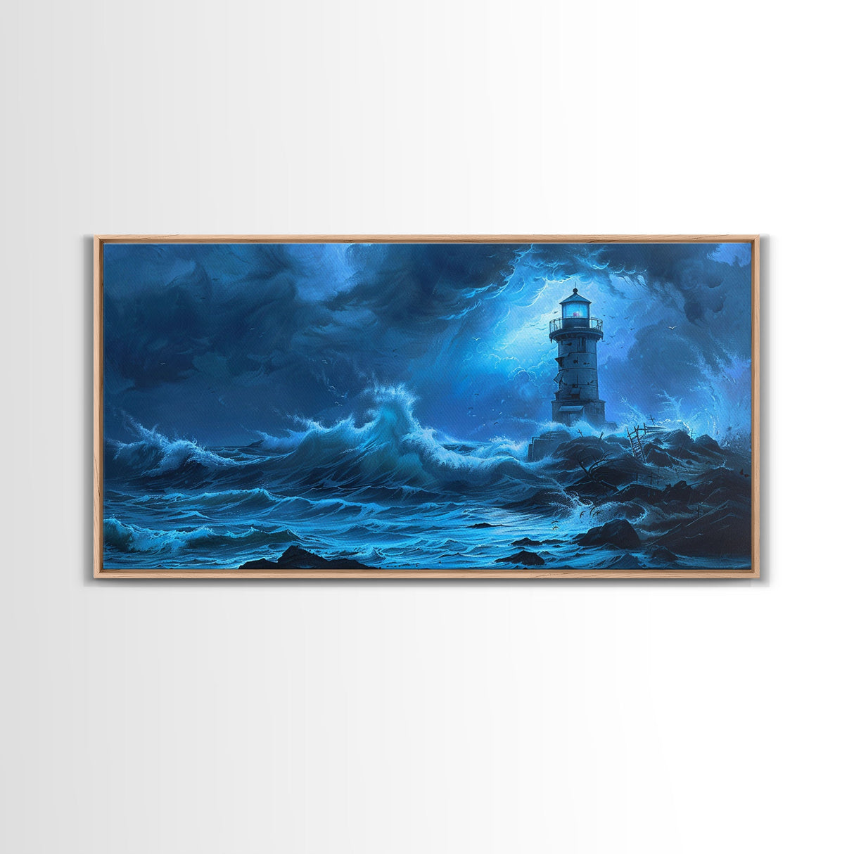 Lighthouse and the Storm, Framed Canvas Print, Unique Halloween Wall Art, Nautical Decor