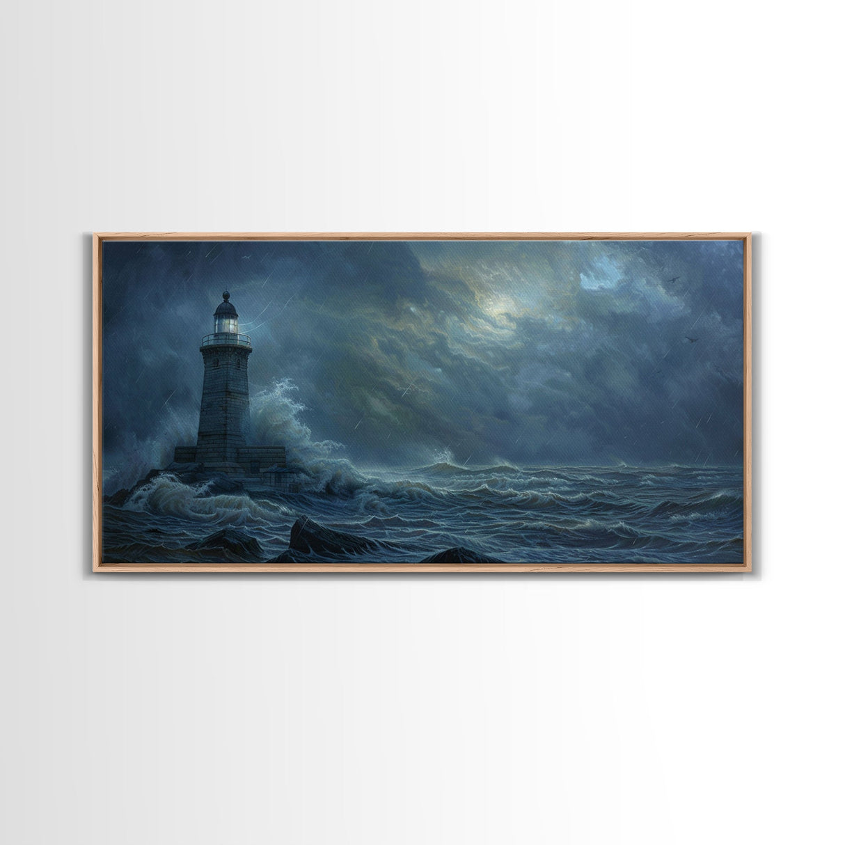 Lighthouse and the Storm, Framed Canvas Print, Unique Halloween Wall Art, Nautical Decor