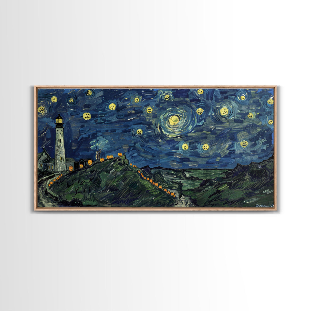 Lighthouse and the Storm, Framed Canvas Print, Unique Halloween Wall Art, Nautical Decor, Starry Night Inspired Wall Art