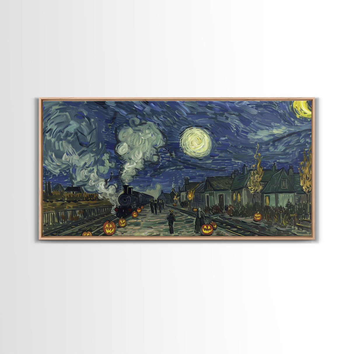 Starry Night Inspired Haunted Steam Train, Framed Canvas Print, Spooky Halloween Wall Art
