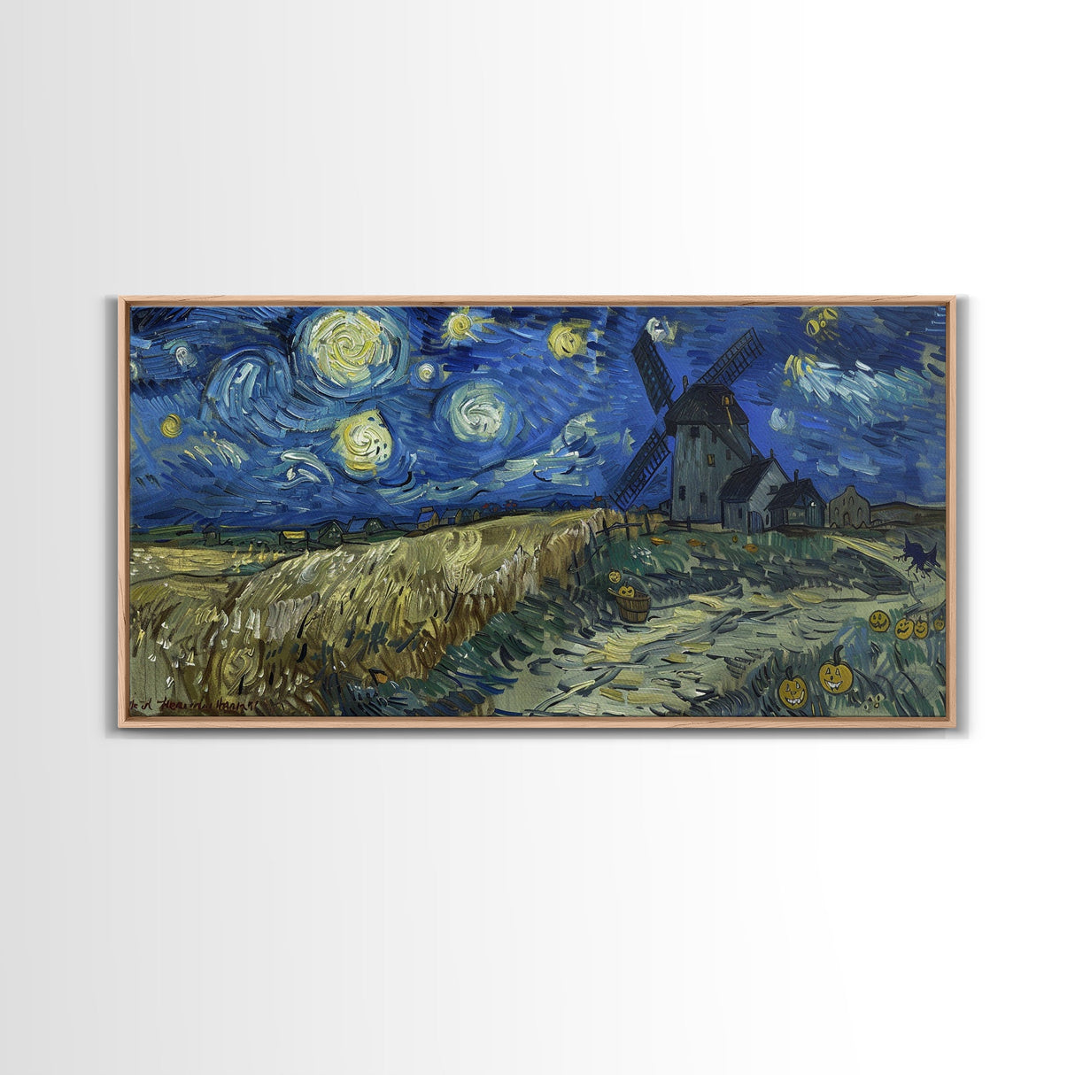 Starry Night Inspired Haunted Wind Mill, Framed Canvas Print, Spooky Halloween Wall Art