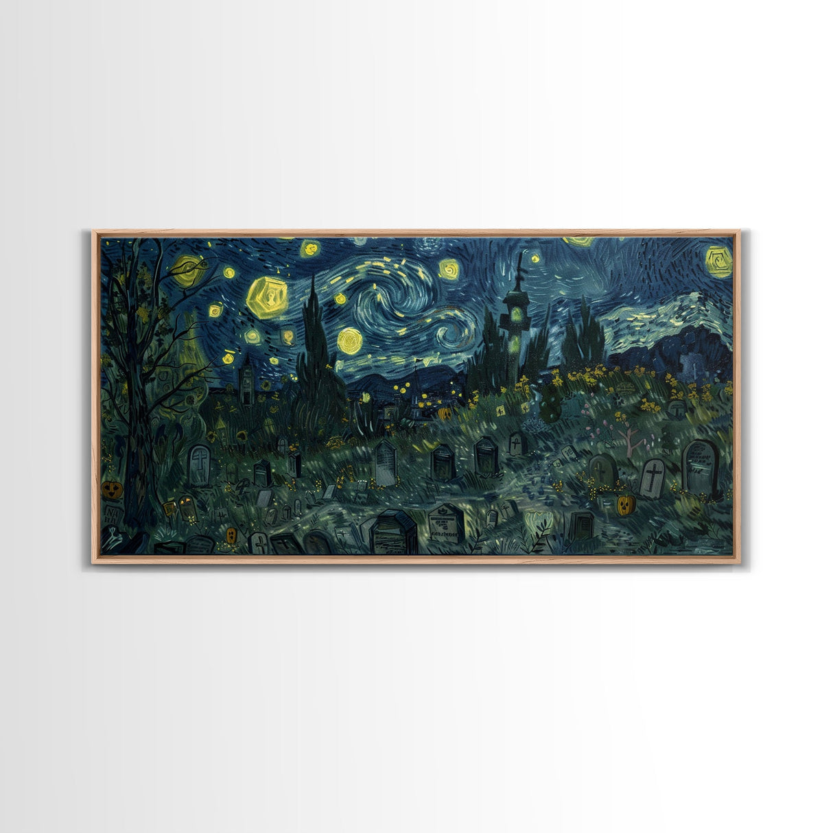 Starry Night Inspired Haunted Graveyard Framed Canvas Print, Halloween Wall Decor, Halloween Props, Halloween Gift Idea