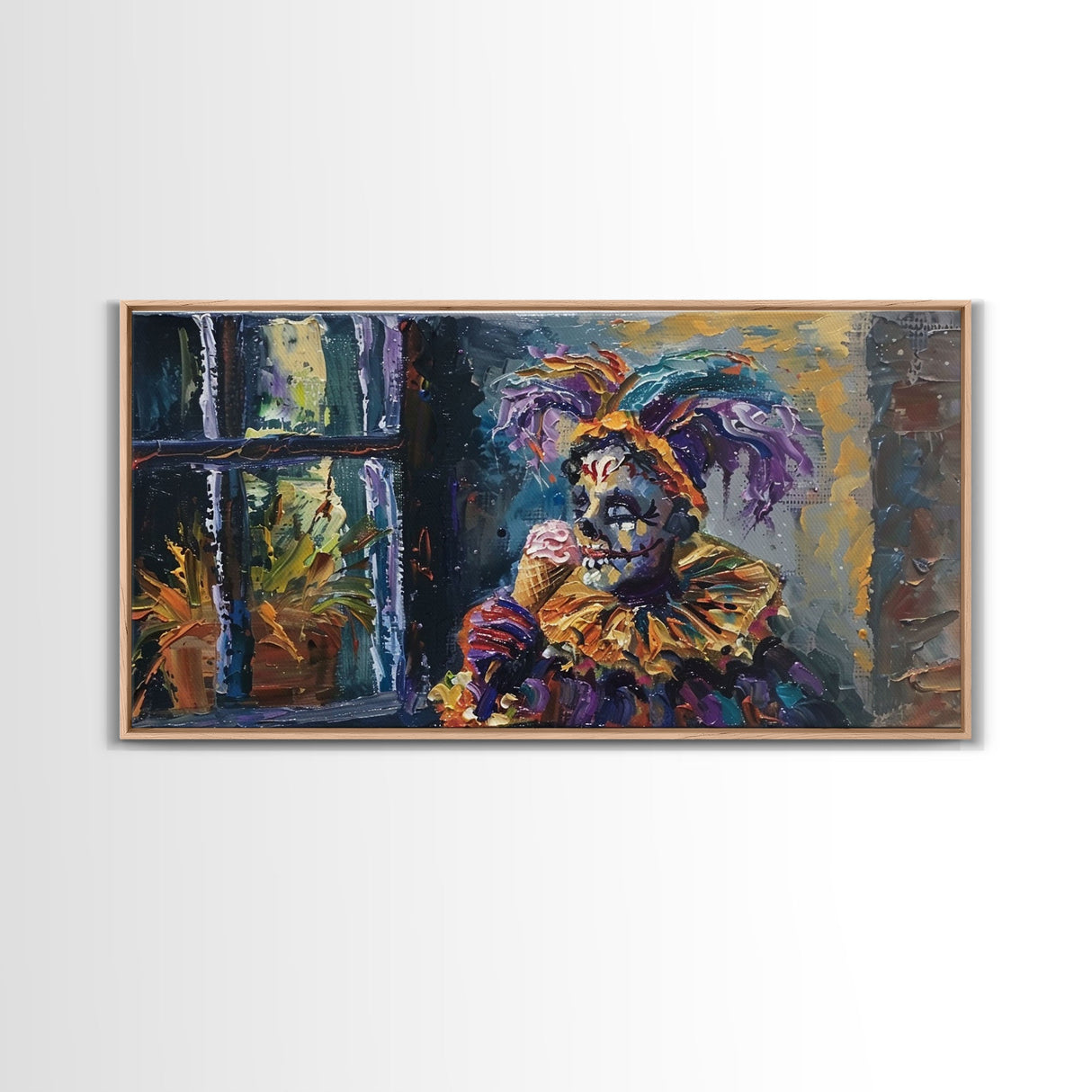 Spooky Court Jester Having an Ice Cream, Funny Halloween Art, Framed Canvas Print