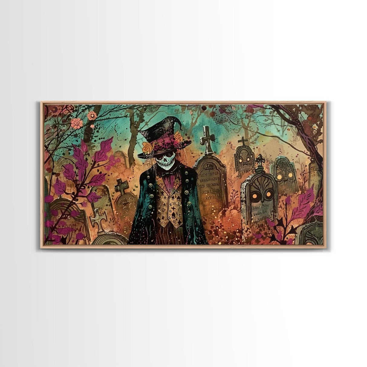 Spooky Ghost In A top hat, Framed Canvas Print, Halloween Decor, Spooky Vibes Wall Art