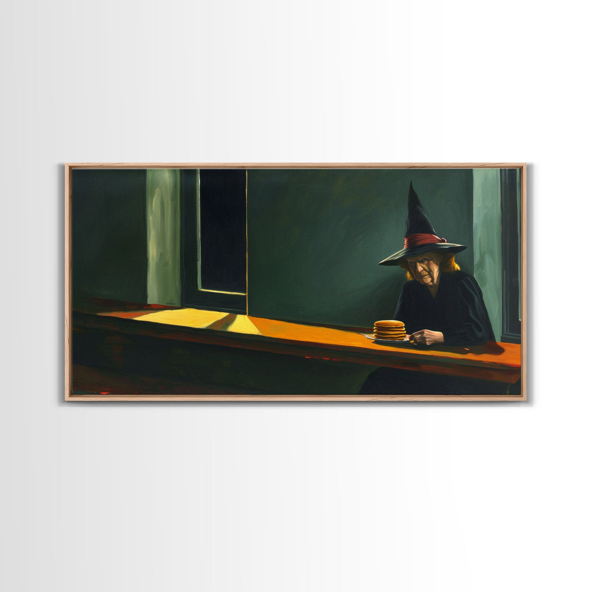 Sad Old Witch Having Some Pancakes, Funny Halloween Art, Framed Canvas Print, Liminal Art