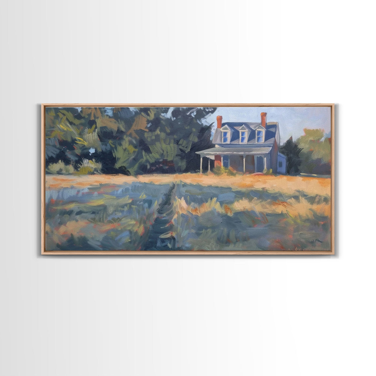 Serene Farmhouse at Dusk, Framed Canvas Print, Great for Living Room Art, Country Home Decor, Relaxing Bedroom Wall Art