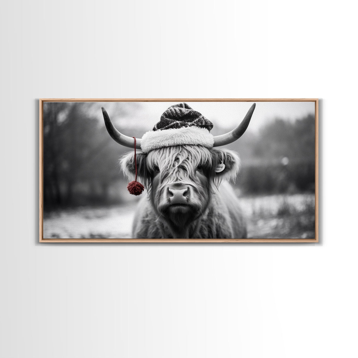 Highland Cow Wearing Santa Hat, Festive and Fun Framed Canvas Print for Holiday Wall Art, Living Room or Bedroom Decor