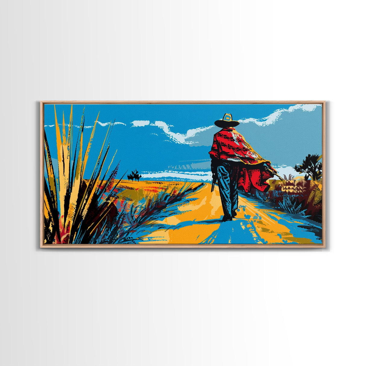 Cowboy Walking Down Desert Road, Perfect Minimalist Art, Framed Canvas Print, Boho Living Room Decor, Western Home Decoration