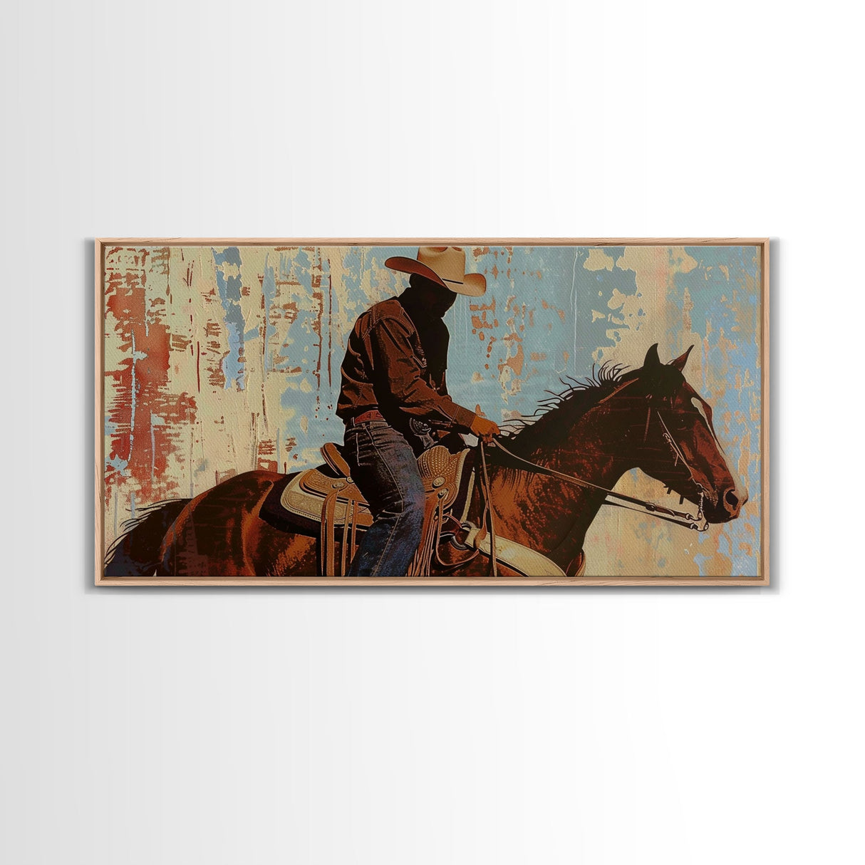 Cowboy Riding Horse in Abstract Style, Perfect Bedroom Art, Framed Canvas Print, Rustic Living Room Decor, Modern Home Decoration