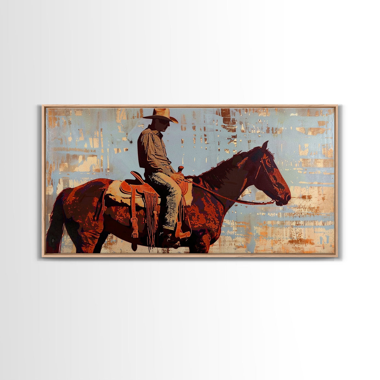 Cowboy on Horse with Rustic Background, Stunning Wall Art, Framed Canvas Print, Boho Bedroom Decor, Western Home Decoration
