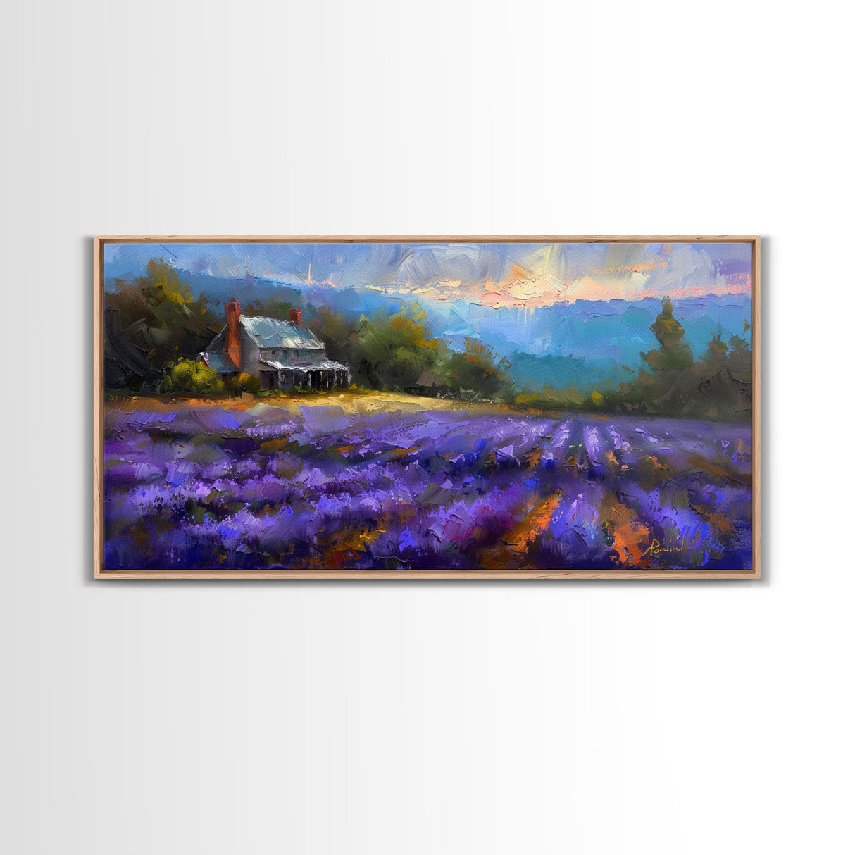 Lavender Field at Twilight, Dreamy Landscape Art, Framed Canvas Print, Boho Bedroom Decor, Purple Art, Rustic Wall Art