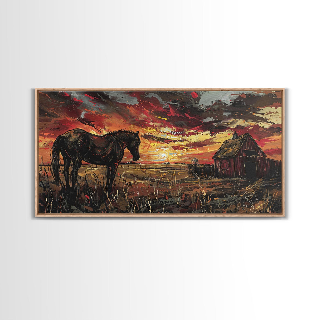 Dark Horse at Sunset with Barn, Stunning Abstract Art, Framed Canvas Print, Boho Wall Art, Bedroom Decor, Unique Home Decoration