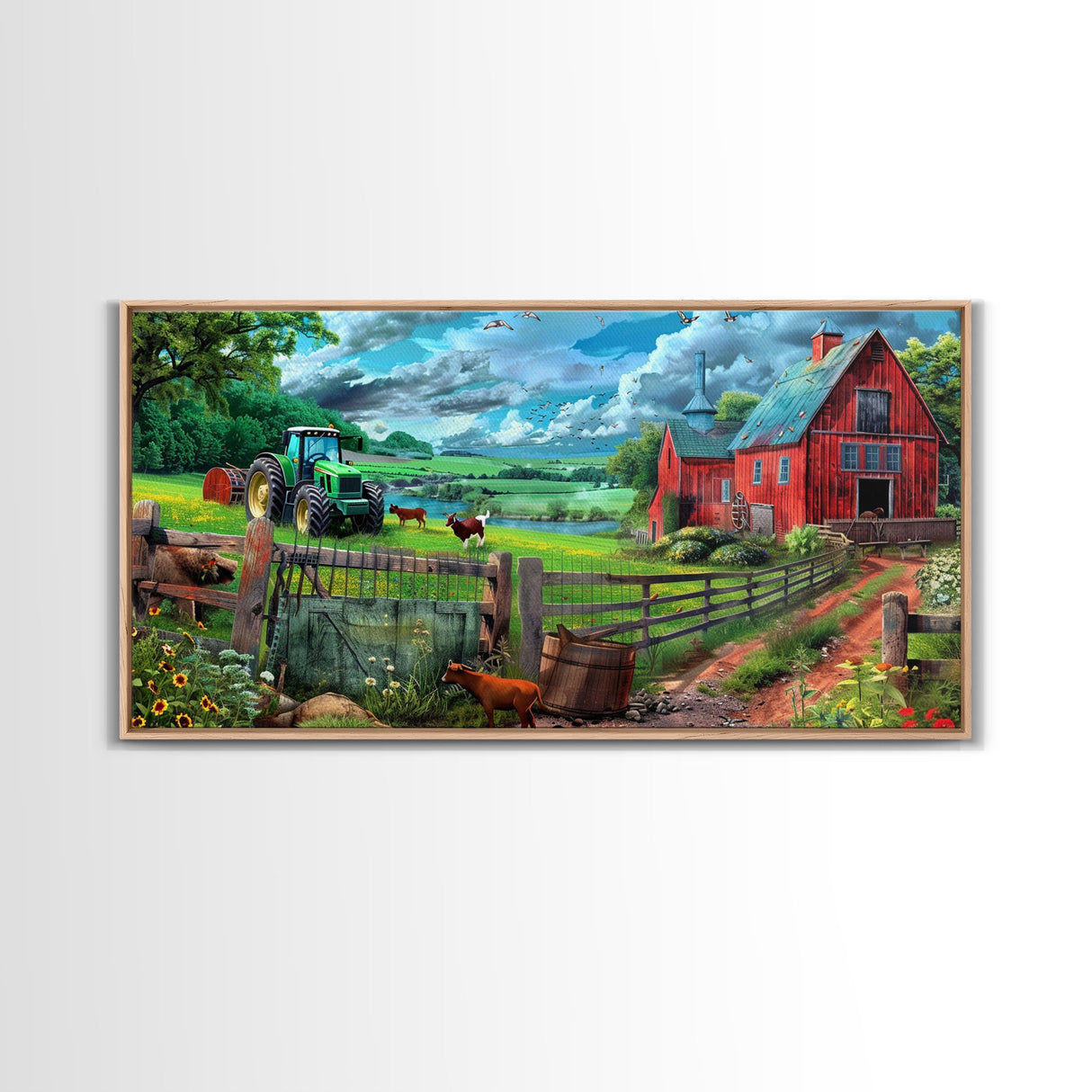 Green Tractor and Red Barn with Farm Animals, Vibrant Rural Art, Framed Canvas Print, Country Wall Decor, Living Room Decoration