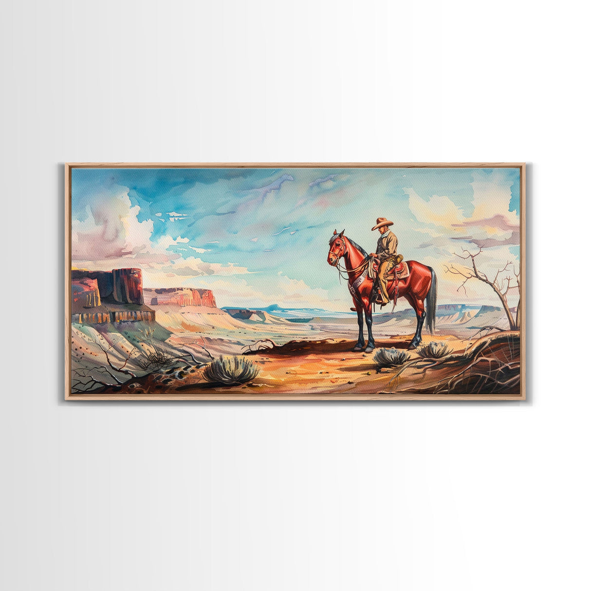 Cowboy on Horse Overlooking Canyon, Majestic Western Art, Framed Canvas Print, Boho Wall Art, Living Room Decor, Home Decoration