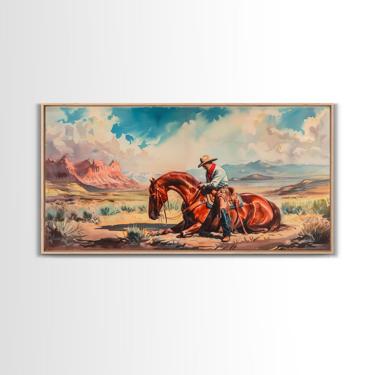 Cowboy Comforting Horse in Open Plains, Farmhouse Western Decor, Framed Canvas Print, Country Living Art, Rustic Wall Art for Home