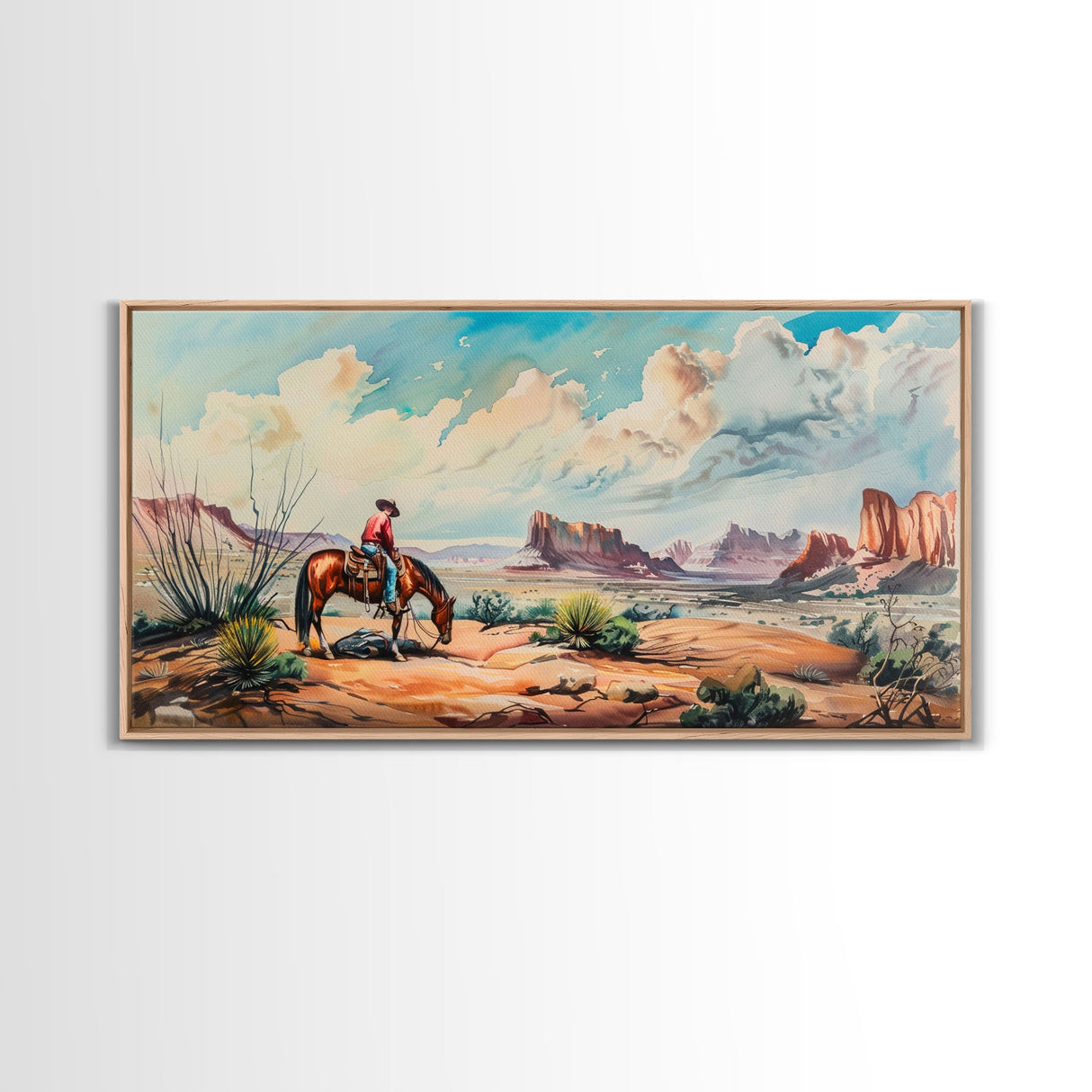 Cowboy Gazing Over Expansive Desert, Boho Western Landscape Art, Framed Canvas Print, Living Room Wall Decor, Rustic Country Style