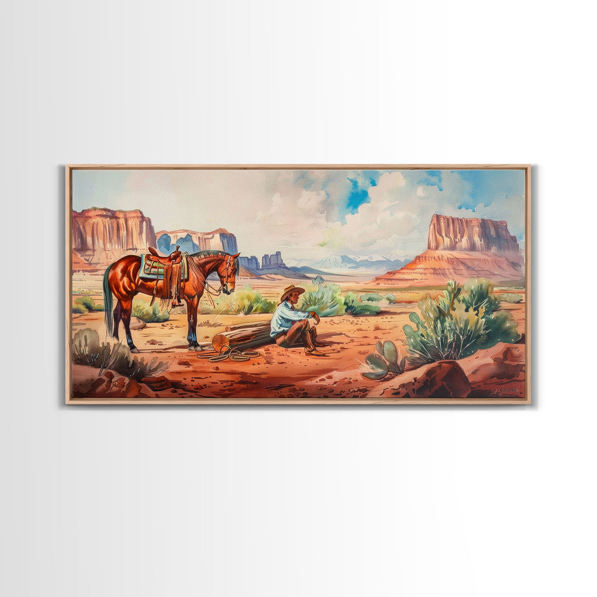 Cowboy Resting by Horse in Desert Scene, Rustic Farmhouse Art, Framed Canvas Print, Western Decor, Living Room Wall Art, Country Style