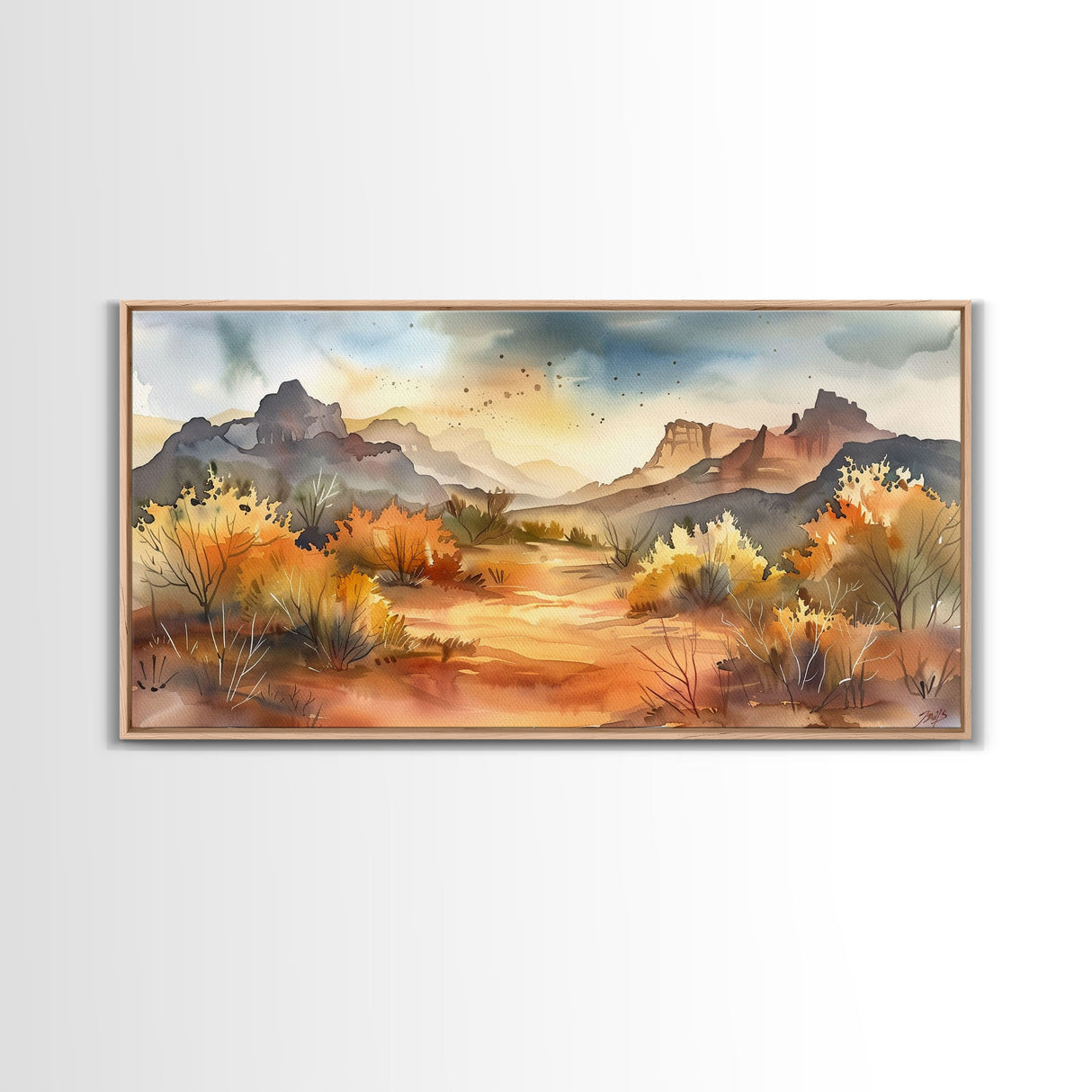 Serene Desert Landscape with Mountains and Sunlit Sky, Perfect Framed Canvas Print for Living Room, Boho Wall Art, Nature Decor