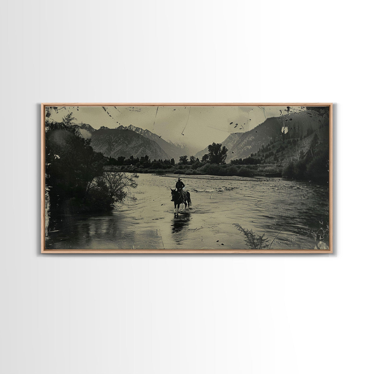 Cowboy Crossing River with Mountains, Framed Canvas Print for Western Living Room Decor, Ideal Bedroom Wall Art, Rustic Scene