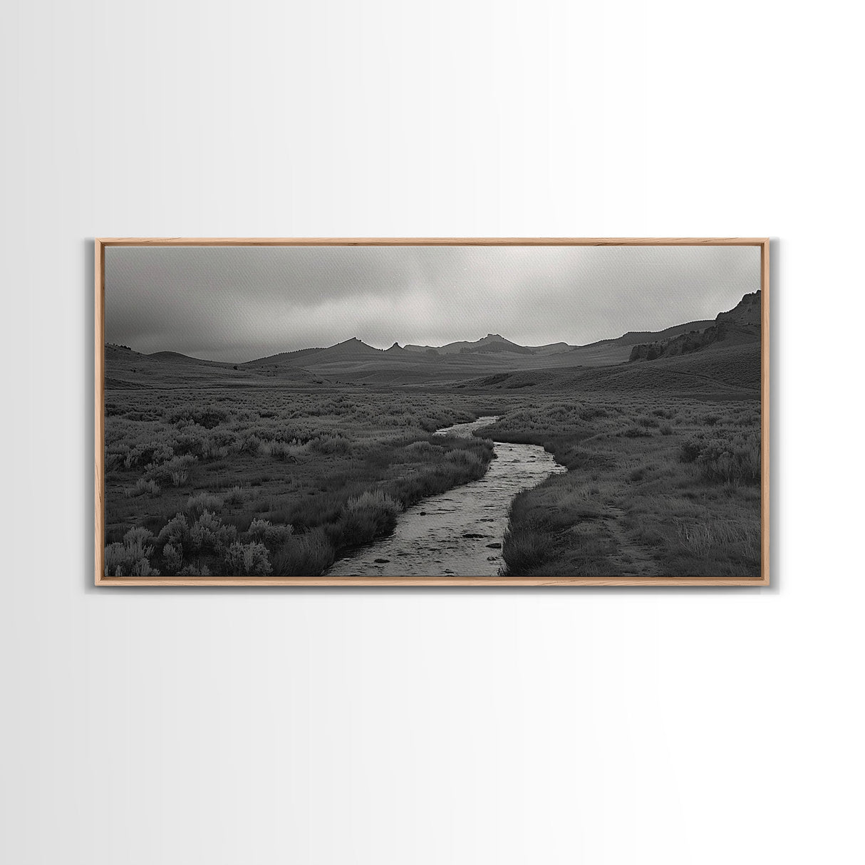 River and Rolling Hills Under Cloudy Sky, Black and White Framed Canvas Print Rustic Farmhouse Living Room Decor, Landscape Art, Home Decor