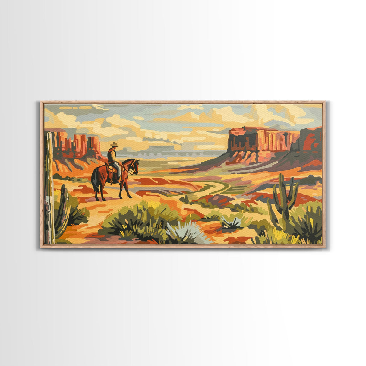 Cowboy Overlooking Desert Canyon, Framed Canvas Print for Rustic Living Room Decor, Western Wall Art, Home and Bedroom Decoration