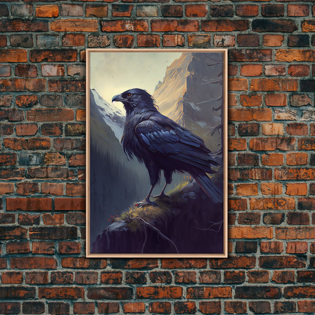 Portrait of a raven in the mountains, crow art, framed canvas print, framed wall art