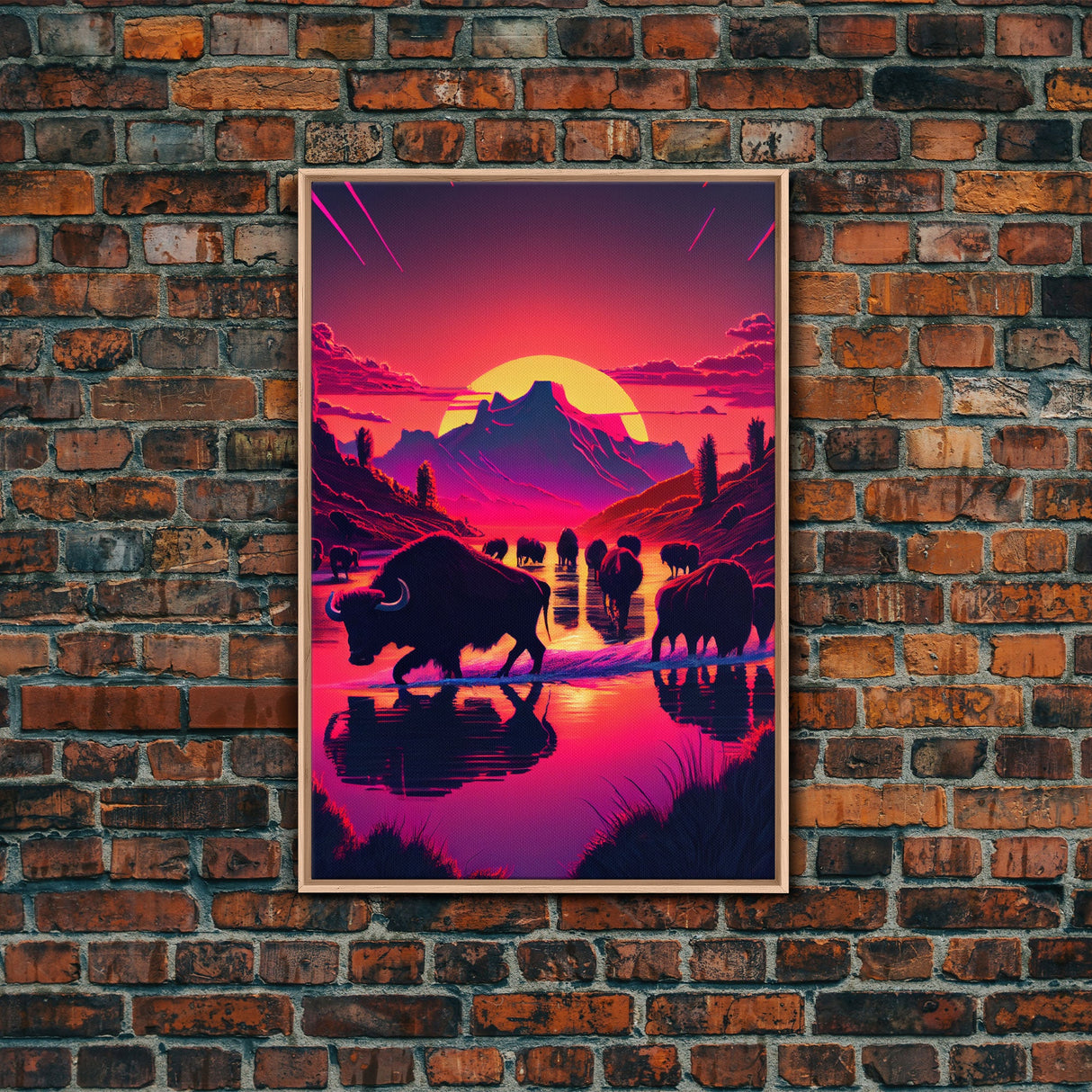 North American Buffalo at Sunset, Western Decor, framed canvas print, bison art, primitive farmhouse decor